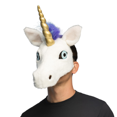 A man wears a realistic plush mask of a white unicorn with golden horn and blue mane.
