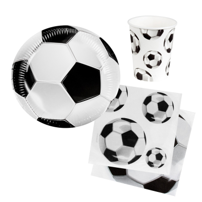 Ein Einwegtischset im Fußballthema mit schwarz-weißem Fußballdruck, bestehend aus Tellern, Bechern und Servietten. Sehr schön für Kinderpartys und Fußballturniere.