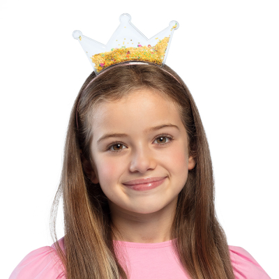 Pink tiara hairband with transparent crown filled with gold glitter confetti