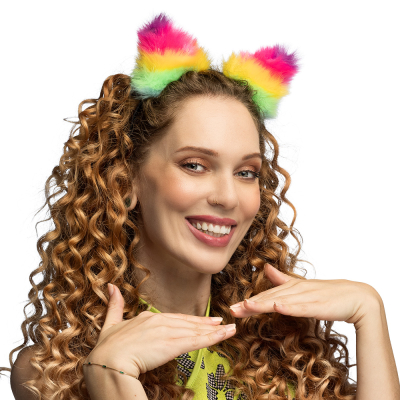 Woman with diadem with fluffy rainbow cat ears - cheerful and colourful accessory for festivals, Pride, carnival and theme parties.
