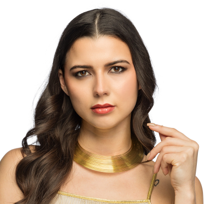 A woman is wearing an Egyptian outfit and accessorised with a wide gold Egyptian choker.