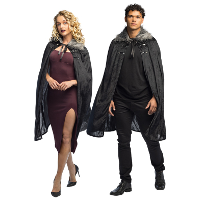 A man and woman wear the same tough black cape with fake fur collar for an adventurous look.