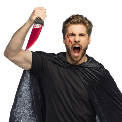 Man met zwarte cape, nepbloed en speelgoedmes � griezelig kostuumaccessoire voor Halloween, horrorfeesten en carnaval.