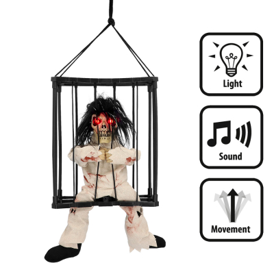 Décoration d'Halloween représentant un squelette portant un costume de prisonnier dans une cage, qui émet des sons, a des yeux rouges et fait des mouvements effrayants.