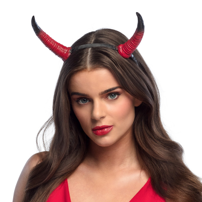 Black Halloween tiara with red devil horns with black tips.