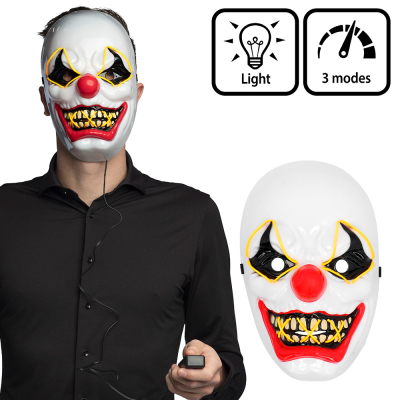 Halloween LED mask of a horror clown with a black remote control. Next to it an image of just the mask.