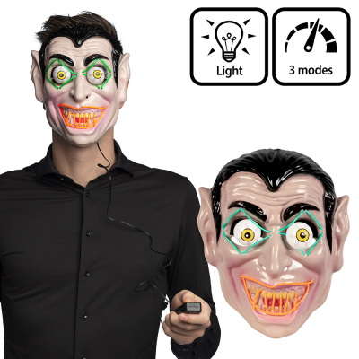 Halloween-LED-Maske eines bekannten Vampirs mit einer schwarzen Fernbedienung. Außerdem ein Bild, das nur die Maske zeigt.