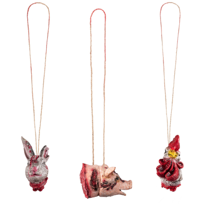 3 Halloween decorations of a severed rabbit's head, a pig's head and a cock's head. The decorations come with a long cord.