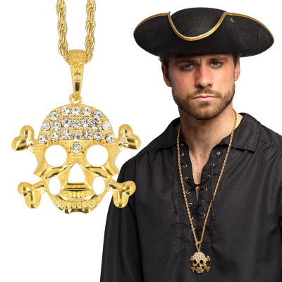 Goudkleurige ketting met doodshoofd met strass steentjes.