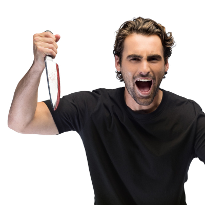 A screaming man holds a bloody fake knife and stands in a menacing pose to complete his creepy Halloween look.