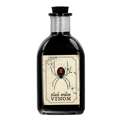 A small black decorative bottle with a label on it with black spider and the text “black widow venom”.