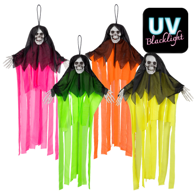 4 Halloween hanging decorations of skeletons with their arms wide and a robe on. All four have a black hood, underneath they have a neon pink, a neon yellow, a neon orange and a neon green robe. A loop is attached to the skull.