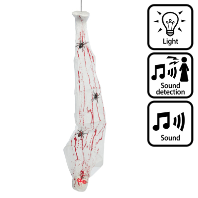 Halloween hanging decoration of an upside down skeleton with red luminous eyes, wrapped in a cocoon with blood and spiders.
