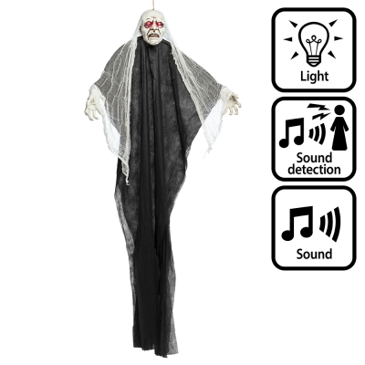 Hanging Halloween decoration of an old man ghost with red luminous eyes and open arms in a black robe.