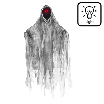 Halloween hanging decoration faceless ghost with grey robe and glowing red eyes.