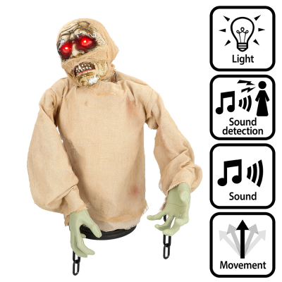 Halloween decoration screaming mummy with creepy features such as light up red eyes, moving arms and head and wailing sounds.