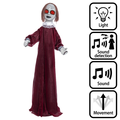 Creepy standing halloween decoration of Dolly the porcelain doll coming to life with red glowing eyes, scary sounds and movements.