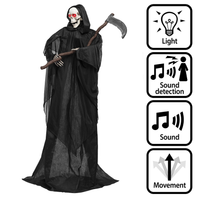 Staande halloweendecoratie van een grim reaper in zwart gewaad met een zeis en rode oplichtende ogen, enge geluiden en bewegingen.