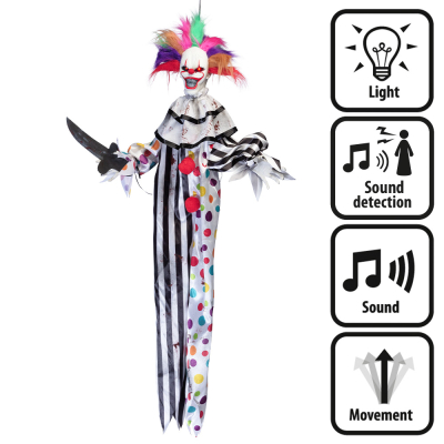 Eine animierte, hängende Halloween-Dekoration eines Horror-Clowns mit bunten Haaren und einem Messer in der Hand, das durch Geräusche aktiviert wird, rot leuchtende Augen hat und gruselige Geräusche und Bewegungen macht.