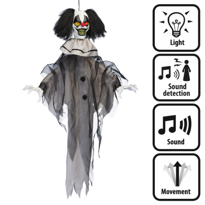 Griezelige horror clown hangdecoratie met rood oplichtende ogen en interactieve functies zoals licht, geluid en beweging dat geactiveerd wordt door geluid.