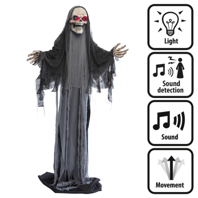 Une décoration d'Halloween interactive sur pied représentant une faucheuse vêtue d'une robe grise qui s'active au son, a des yeux d'ordre lumineux, fait des mouvements et émet des sons effrayants.