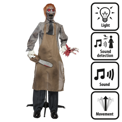 A standing interactive Halloween decoration of a zombie with a chainsaw that is sound activated, has glowing red eyes and makes spooky sounds and movements.