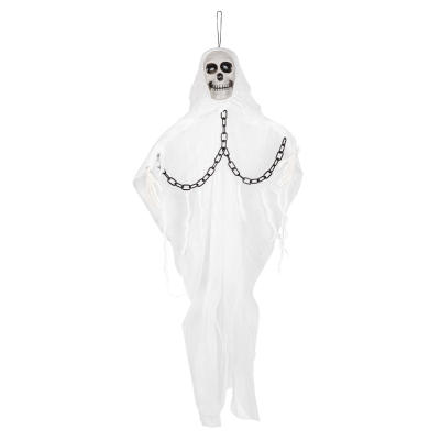 Décoration d'Halloween suspendue représentant un fantôme squelette blanc avec des chaînes sur les bras.