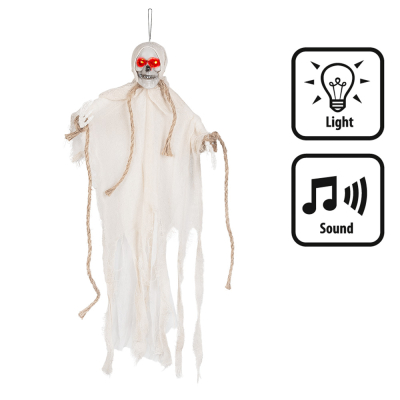 Petit squelette suspendu, vêtu d'une robe blanche, avec des yeux rouges qui brillent et qui émet des sons effrayants, ce qui en fait une décoration parfaite pour Halloween.