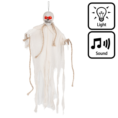 A small hanging skeleton in a white robe with red glowing eyes that also makes spooky sounds, making it the perfect Halloween decoration.