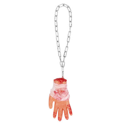 A hanging decoration with chain from which hangs a severed plastic hand with bloody bandages.