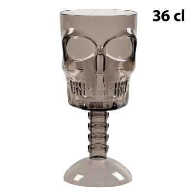 Een plastic Halloween drinkbeker met een schedel design op een hoge poot en een smokey grijze kleur.