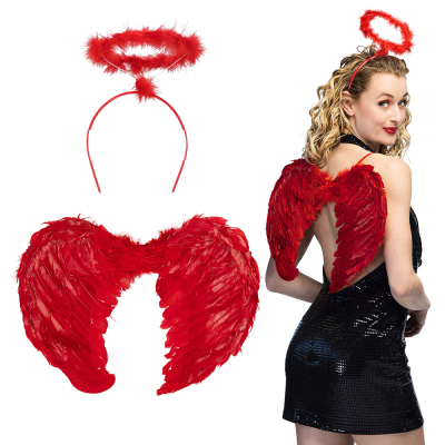 Angel set with red wings and a fluffy halo diadem worn by a woman - perfect for Christmas, carnival, angel costumes and valentines.