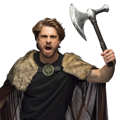 Man wearing a long brown cape with a gold emblem and fake bond details holds a fake Viking axe with a brown handle to complete his costume as a tough Viking warrior for carnival, cosplay or a fancy dress party.