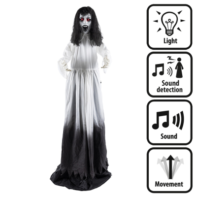 A life-size, standing Halloween decoration of a creepy ghost girl wearing a black and white dress, long black hair and a creepy white face. The doll makes scary noises, movements, has glowing red eyes and is activated by sound.