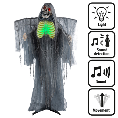 A life-size, standing halloween decoration of a creepy skeleton in a worn, grey robe with wings and a green light-up chest. The doll makes scary sounds, movements, has illuminating red eyes and is activated by sound.