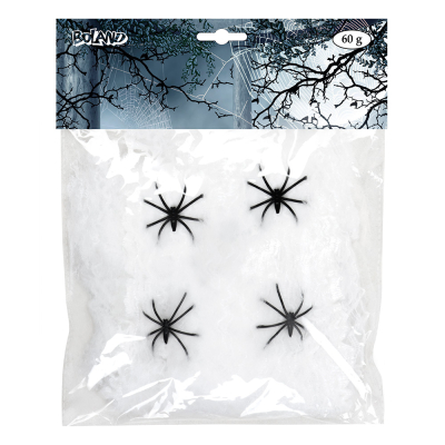 Emballage de toile d'araignée blanche décorative avec 4 araignées noires.