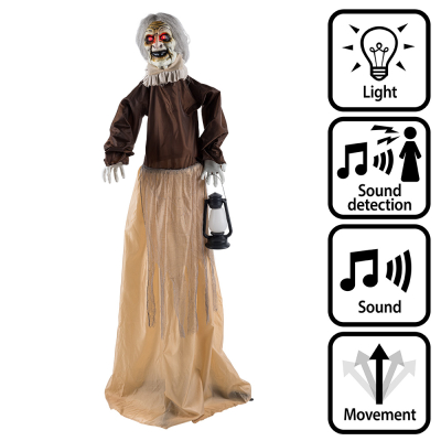 A life-size, standing Halloween decoration of an old witch wearing a worn brown, long dress, a lantern in her hand and a creepy face. The doll makes scary sounds, moves, has glowing red eyes and is activated by sound.