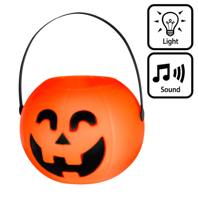 Halloween candy bucket in the shape of a smiling orange pumpkin that lights up and makes sounds.