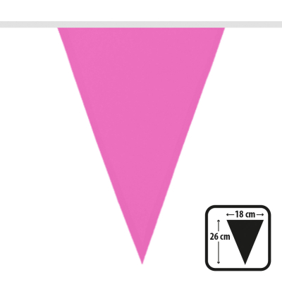 Pink polyester flag as part of a flag line.