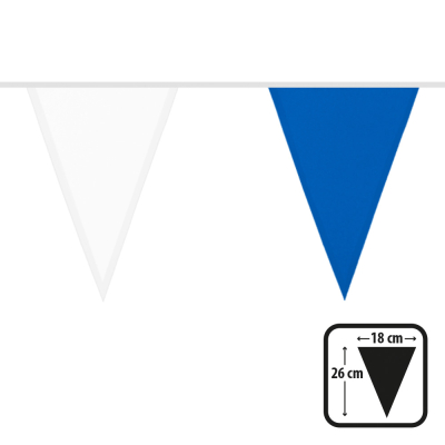 Blue and white polyester flag as part of a flag line.