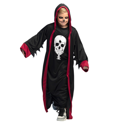 Boy wearing a Halloween costume consisting of a black robe with a white skull on it and a black coat with hood and red trim.