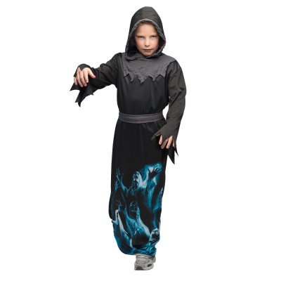A little boy is wearing a demon reaper Halloween costume consisting of a long black robe with long sleeves, a blue print with ghosts at the bottom and a hood and a matching grey belt.