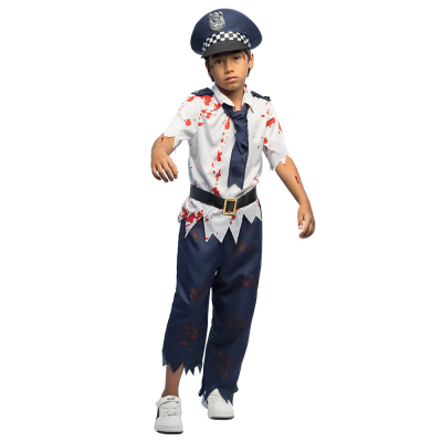 A young boy is wearing a zombie police officer Halloween costume consisting of a police uniform with a white shirt with blood splatters, dark blue trousers, dark blue tie, black belt and matching police cap, and has fake blood splatters over his body.