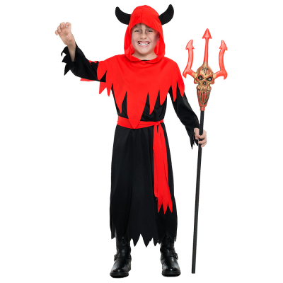 A little boy is wearing a devil Halloween costume consisting of a long black robe with a red hood attached with black devil horns and a matching red belt.