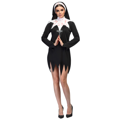 Woman wears a short black nun's dress and on her head she has a nun's cap.