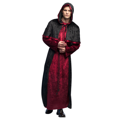 Man wearing a red/black Halloween robe with long sleeves and hood.