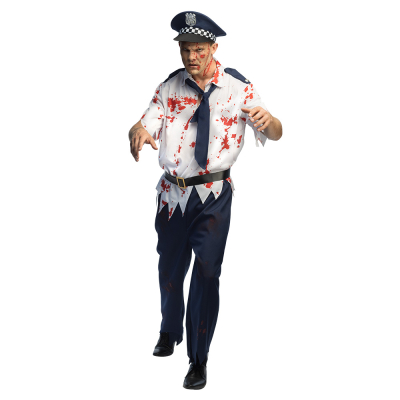 A man wears a zombie police officer Halloween costume consisting of a police uniform with a white shirt with blood splatters, dark blue trousers, dark blue tie, black belt and matching police cap and has fake blood splatters over his body.