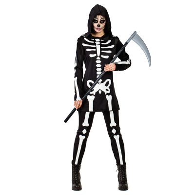A woman wears a Halloween skeleton costume consisting of black trousers and a tunic/dress with a hood and long sleeves, both with a white bone print/design.