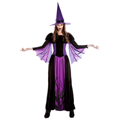 A woman wears a witch costume with long black dress with purple details and purple wide sleeves and a matching witch hat.