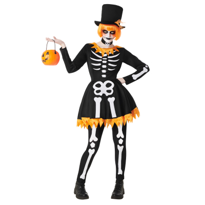 A woman wears a Day of the Dead skeleton costume with short dress with bones and orange details, long trousers with bones design, a choker and a matching top hat with orange details.